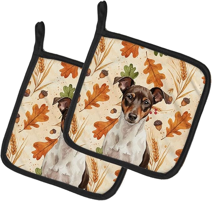 Caroline's Treasures Chocolate and White Rat Terrier Heirloom Fall Pair of Pot Holders Pair 7.5x7.5 Quilted Insulated Hot Pads Decorative Kitchen Gift Made in USA