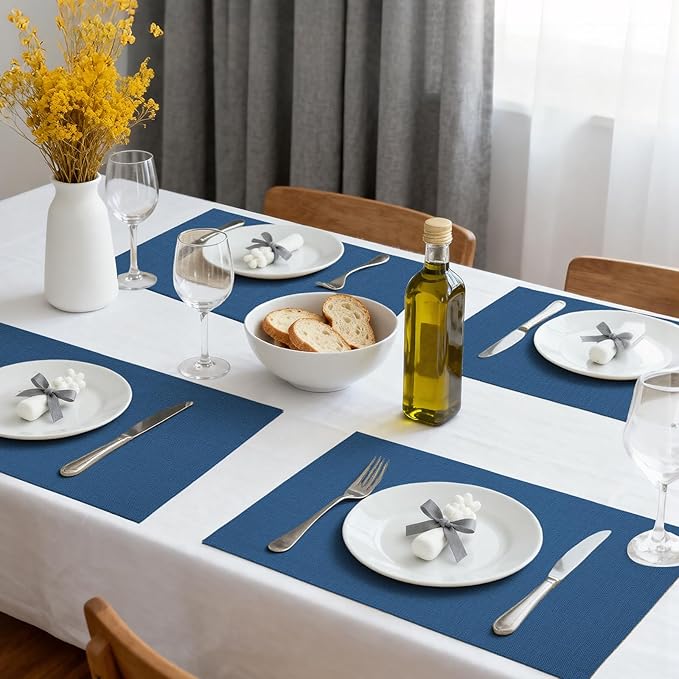 Placemats Set of 6 Linen Type Fabric Cloth Placemats, 18x12 Inch Double Layered Thick Wrinkle Free Heat Resistant Table Place, for Dining, Kitchen, Party (45 * 30cm, Dark Blue)