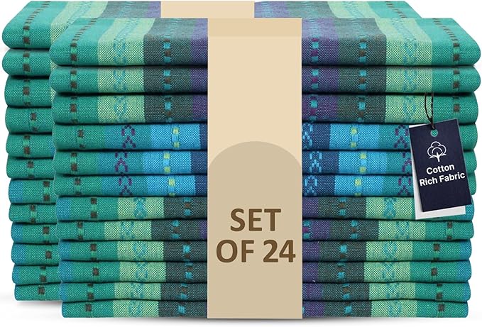 LFH Home Cotton Rich Cloth Salsa Napkin Set of 24 Washable Soft Durable Striped Table Napkins for Dining Wedding, Daily Use Reusable Eco-Friendly Napkins for Elegant Table Settings(18x18)-Teal