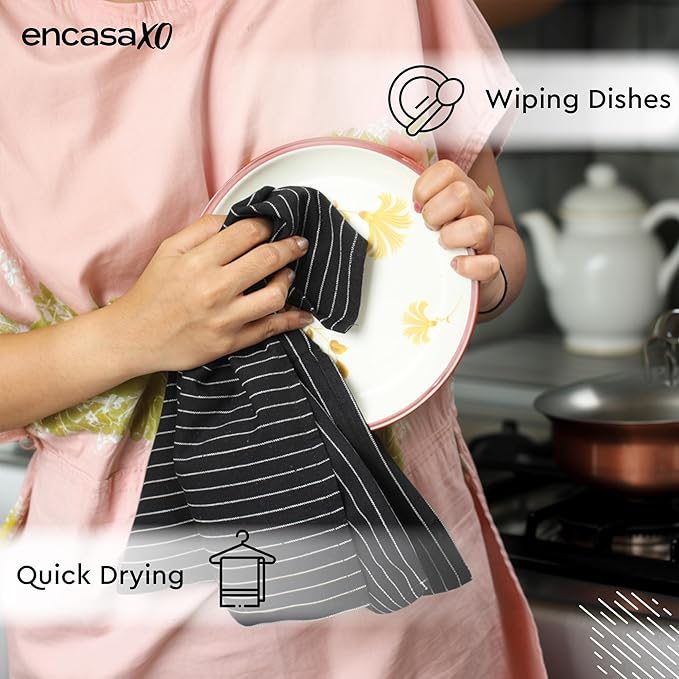 Encasa XO Cotton Kitchen Towel Set | Hand and Tea Cloth for Cleaning & Quick Drying, X-Large 28"x18" (Pack of 4) Highly Absorbent - Butcher Black