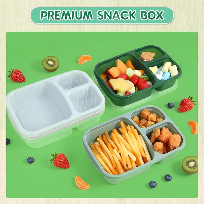 Honeydak 5 Pack Snack Containers 3 Compartment Bento Snack Boxes Divided Meal Prep Containers with Lids Reusable Adults Lunch Food Storage Box for School Work Travel(Sage Color)