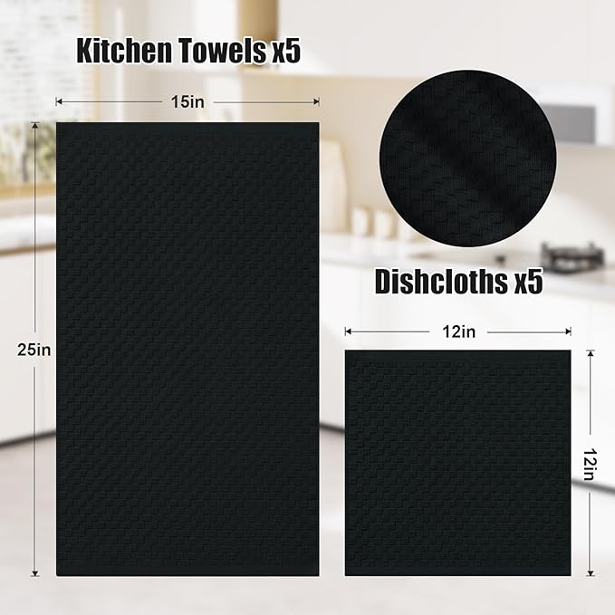 Homaxy 100% Cotton Kitchen Towels and Dishcloths Set, 12 x 12 & 15 x 25 Inches, Set of 10 Bulk Terry Cloth Dish Towels, Super Soft and Absorbent Hand Towel with Hanging Loop, Black