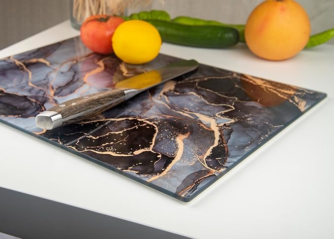 Kitchenville Glass Cutting Board 16"x12": Tempered Glass Kitchen Counter Protector - Durable- Scratch-Resistant, Heat-Proof - Design 8 - Grey & Gold
