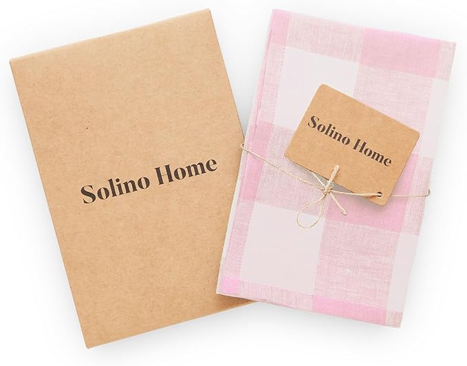 Solino Home Linen Kitchen Towels Set of 2 - Marshmellow Pink 16.5 x 26.5 Inch - 100% Pure Linen Buffalo Check Kitchen/Tea Towels - Machine Washable and Handcrafted from European Flax