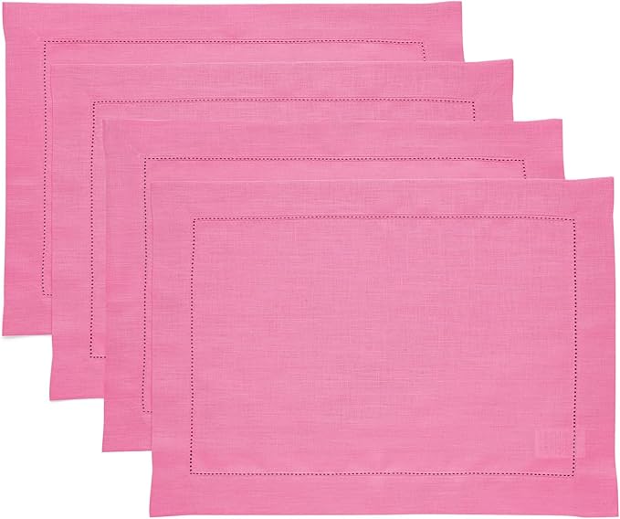 Solino Home Linen Placemats Set of 4 - Classic Hemstitch Flamingo Pink Placemats 14 x 19 Inch - 100% Pure Linen Table Mats for Mothers Day, Spring, Summer
