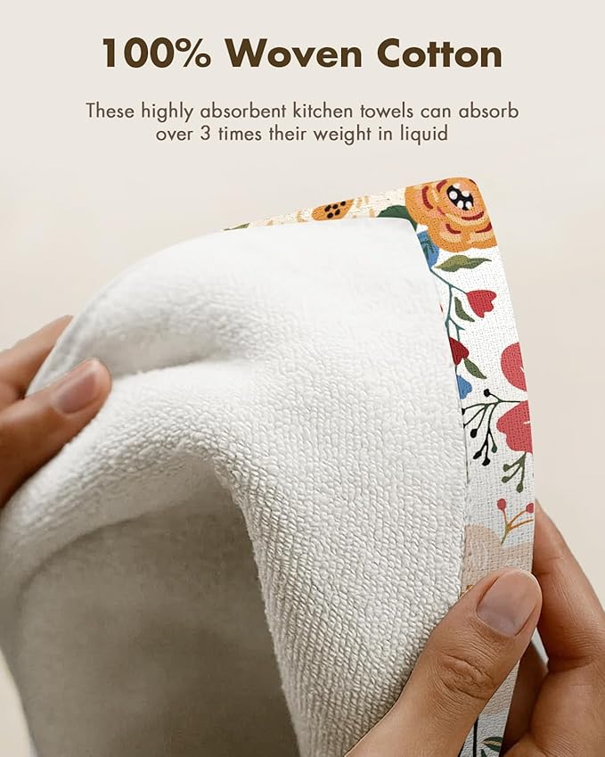 Miss Adola Cotton Kitchen Towels Set of 2 - Cute Design 16×26 Inch Dish Towels for Kitchen with Hanging Loop Beige Flower Quick Dry Hand Towels Soft & Absorbent, Decorative Terry Cloth Tea Towels