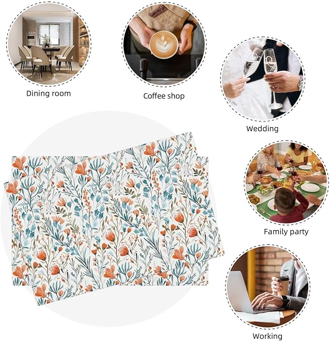 Boho Teal Orange Floral Linen Placemats Set of 4, 12x18 Inch Burnt Orange and Blue Watercolor Flower Table Mats, Non-Slip Heat Resistant Dining Mats for Kitchen Party Wedding, Spring Easter Home Decor