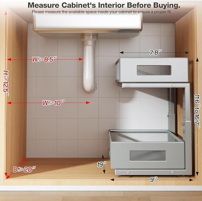 2 Packs 19IN Depth Under Sink Organizer, 2-Tier Pull Out Cabinet Organizer With Smooth Circular Rail, Large Capacity Metal Mesh Sliding Drawers For Bathroom& Kitchen Storage,Height Adjustable–Gun Gray