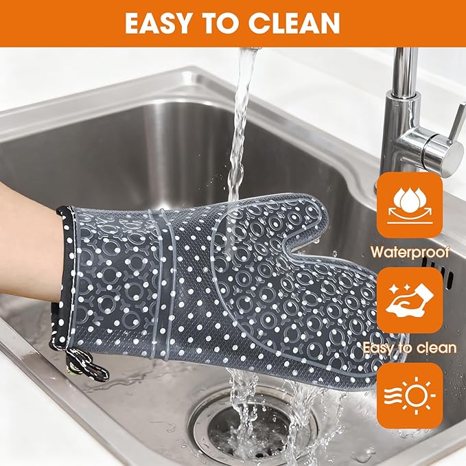 Silicone Oven Mitts Set Heat Resistant 2PCS Kitchen Mittens with Soft Cotton Lining Long Waterproof Non-Slip Oven Gloves for Cooking, BBQ, Baking