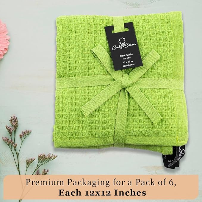 Kitchen Cleaning Dish Wash Cloths Waffle Terry Design Kitchen DishCloths|Washable 12x12 Cotton Dish Rags for Drying Dishes|Counter Top Barista Dust Wipes|Spring Easter Basket Decor| 6 Pc -Apple Green