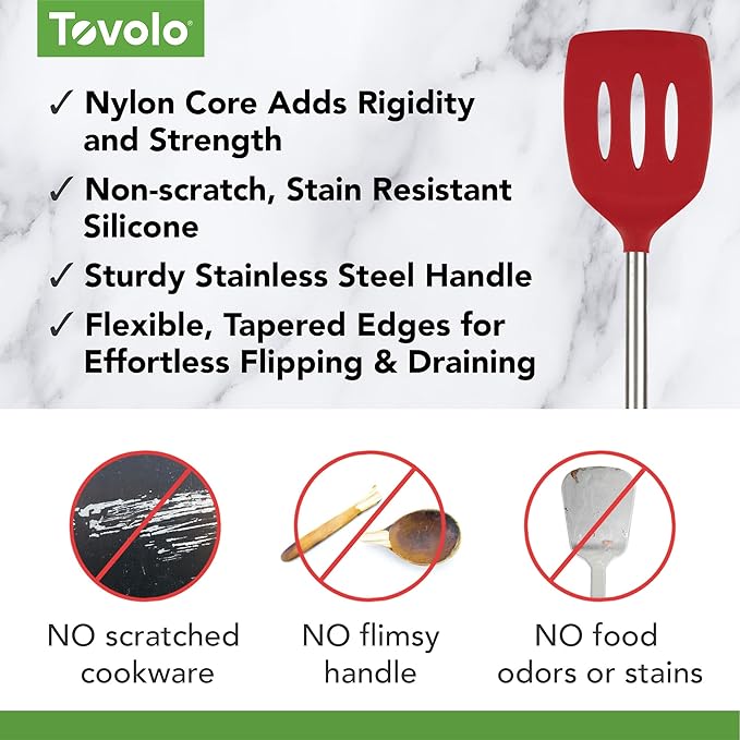 Tovolo Slotted Silicone Spatula Turner Slotted Stainless Steel Handle 10" Cayenne Red Heat Resistant Non Toxic BPA Free Kitchen Utensil, Silicone Egg Pancake Flipper Metal Handle Turner for Cooking