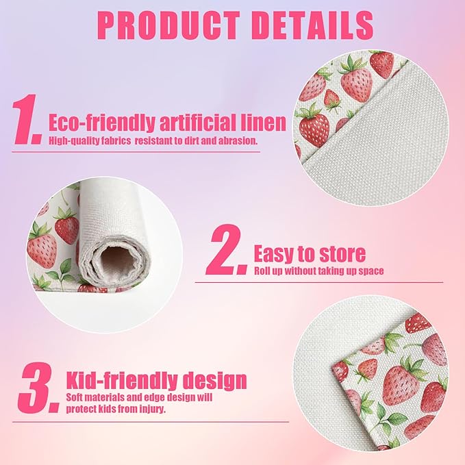 Spring Summer Strawberry Placemats Set of 6,12x18 Inch Sweet Fruit Linen Place Mat Washable Stain Resistant Table Mats for Seasonal Farmhouse Kitchen Party Home Decor