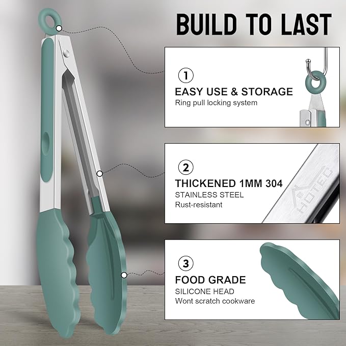 HOTEC Premium Stainless Steel Locking Kitchen Tongs with Silicon Tips, Set of 2-9" and 12",Sage Green
