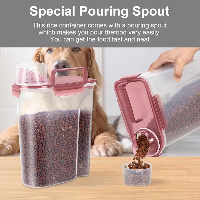 LEAWALK 5-7Lbs Dog Cat Food Storage Container with Upgraded Large Nozzle BPA-free, 4 Snap Seals Plastic Pet Food Storage Containers with Handles (Claer(Pink+Grey), 5L-2pack)