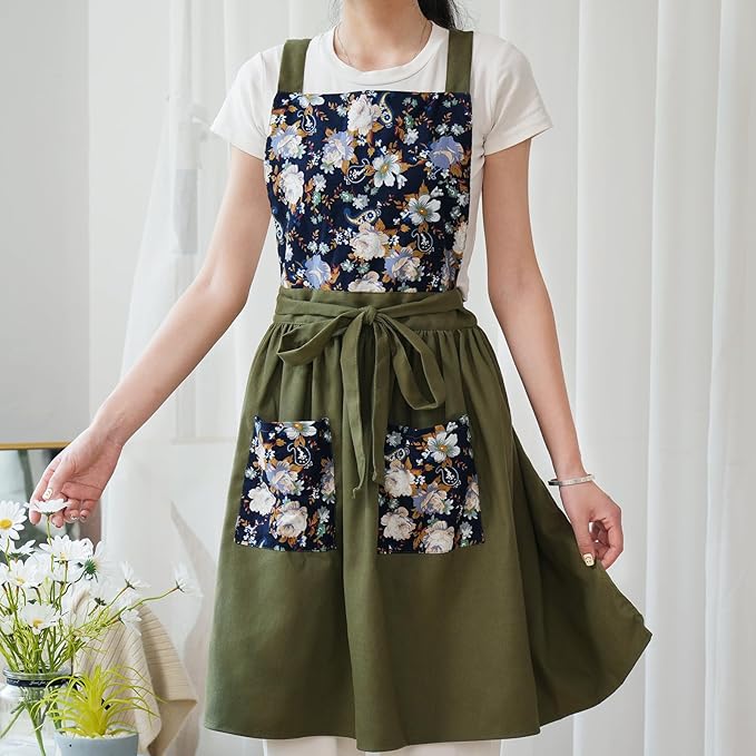 Pinknoke Vintage Pinafore Apron Dress for Women with Pockets Cute Floral Chef Aprons for Kitchen Cooking Baking Gardening