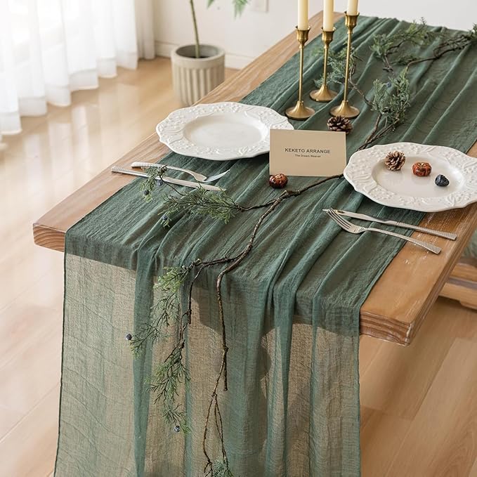 Keketoarrange Forest Green St. Patrick's Day Table Runner Gauze Rustic Cheesecloth 120 Inch 10 FT for Wedding Baby Shower Bridal Shower Birthday Party Sheer Boho Spring Easter Home Decorations