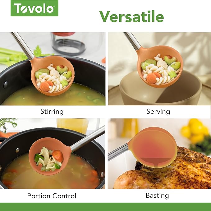Tovolo Silicone Ladle With Stainless Steel Handle Deep Soup Ladle for Cooking Canning Serving Soup Punch Stew Sauce, Large Kitchen Utensil Spoon Dishwasher Safe BPA Free Silicone Apricot Orange