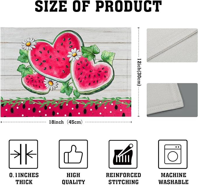 Watermelon Placemat for Table Dining Set of 4，Tropical Fruit Heat Resistant Washable Table Mats,White Daisy Table Dining Mat for Seasonal Party Kitchen Decor