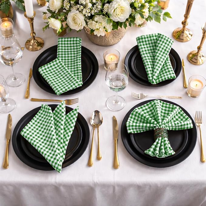 Mini Gingham Check Cloth Napkins Set of 4, 16"x16", 100% Cotton, Reusable & Washable, Durable, Absorbent Fabric for Dinner Parties, Wedding, Dining Napkin - Lemon Green