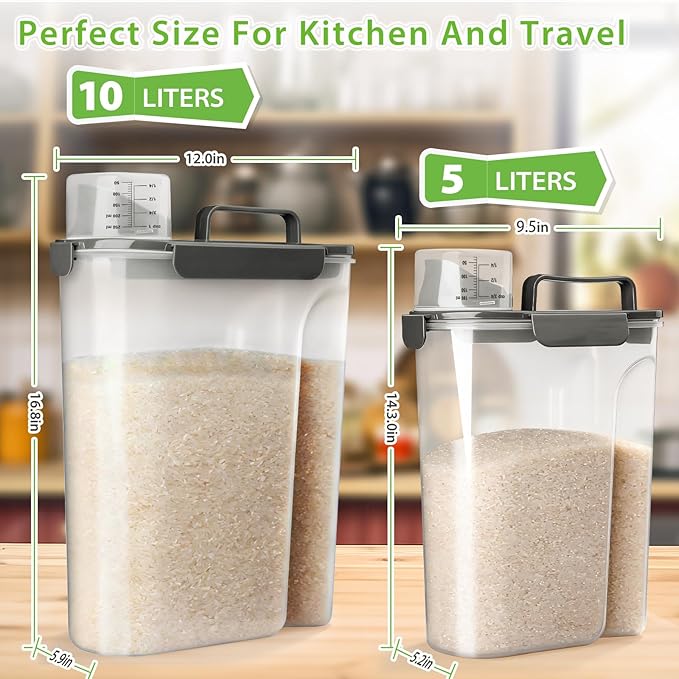 Viretec Rice Storage Container, 10 to 20lb Dry Food Airtight Dispenser, Pet Dog Cat Food Canister, BPA Free Clear Plastic Kitchen and Pantry Bin for Oatmeal, Cereal, Pasta, Flour Pack of 2 Grey