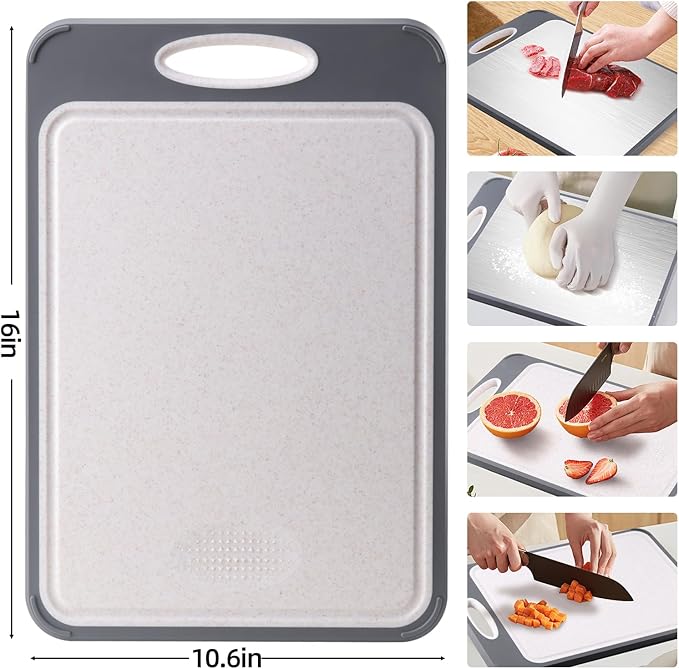 2 In 1 Cutting Boards Non Toxic for Gourmet Kitchen Aficionados - 304 Stainless Steel and Food Grade Wheat Straw Double Sided Design - Easy-Clean With Juice Groove (HQ-B002)