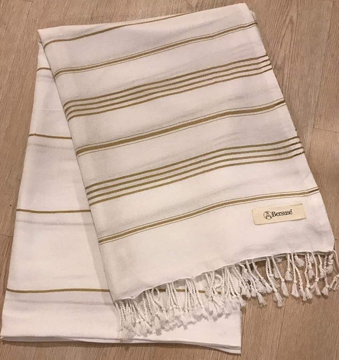 Bersuse Towels Anatolia XL Beach Blanket Throw Blanket Turkish Towel 100% Cotton Extra-Large Quick-Dry Lightweight Premium Peshtemal Towel - 61x82 Inches, White Gold