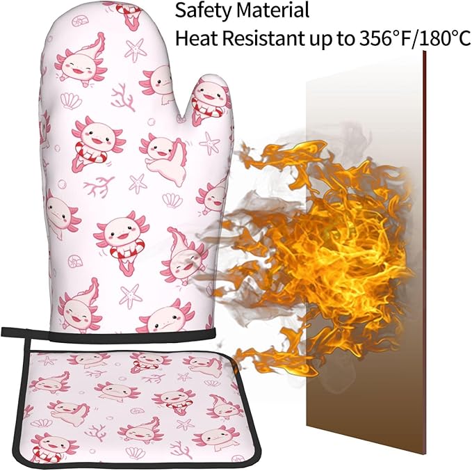 Cute Cartoon Axolotl Oven Mitts and Pot Holders Heat Resistant Oven Mitts Safe for Baking Cooking BBQ