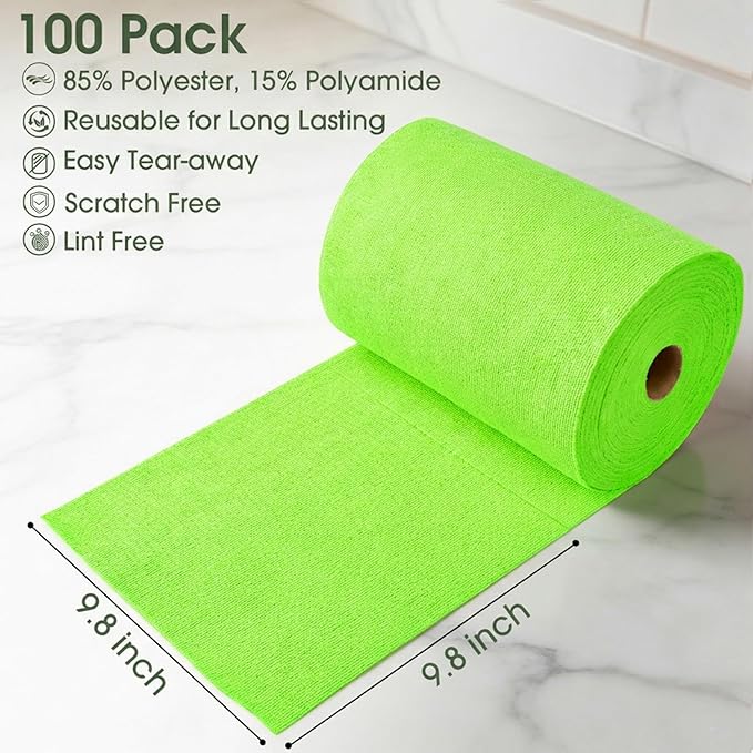 Microfiber Cleaning Cloth Roll - 100 Pack Tear Away Microfiber Paper Towels, Reusable, Washable, Scratch-Free, Kitchen Towels for Car, Home, Kitchen, Glass, Dishes (Neon Green)