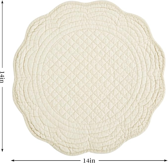 HOMBYS Quilted Placemats Set of 6 Washable Round Placemats for Kitchen Table-100% Cotton Fabric 14 Inch Round Table Mats, Cotton Fabric with Microfiber Filling, (14"x14", Flax)