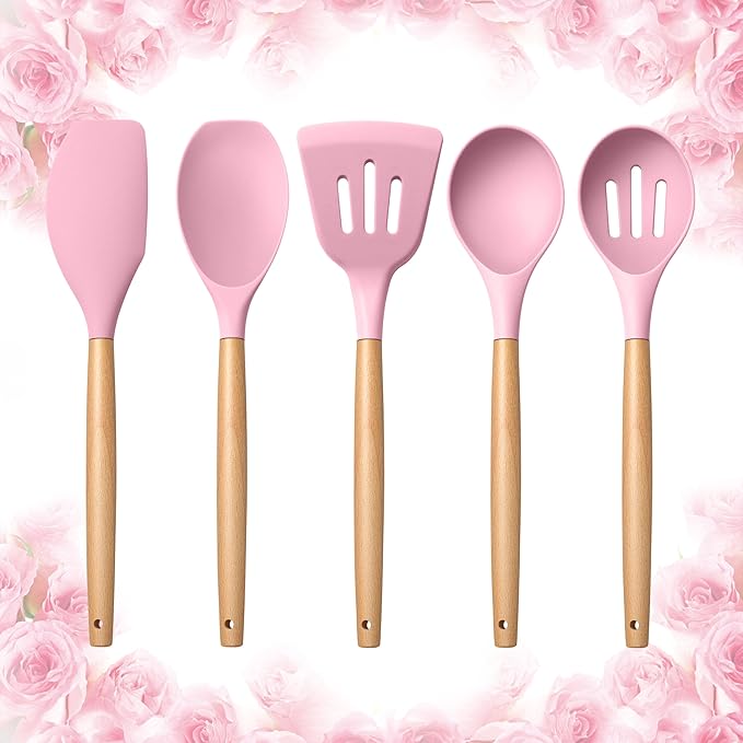 E-far Silicone Cooking Utensils Set, 5-Piece Kitchen Utensils Set with Wooden Handle for Cooking, Silicone Kitchen Nonstick Tools Spatula Turner Slotted Spoons, Nontoxic & Heat Resistant-Pink