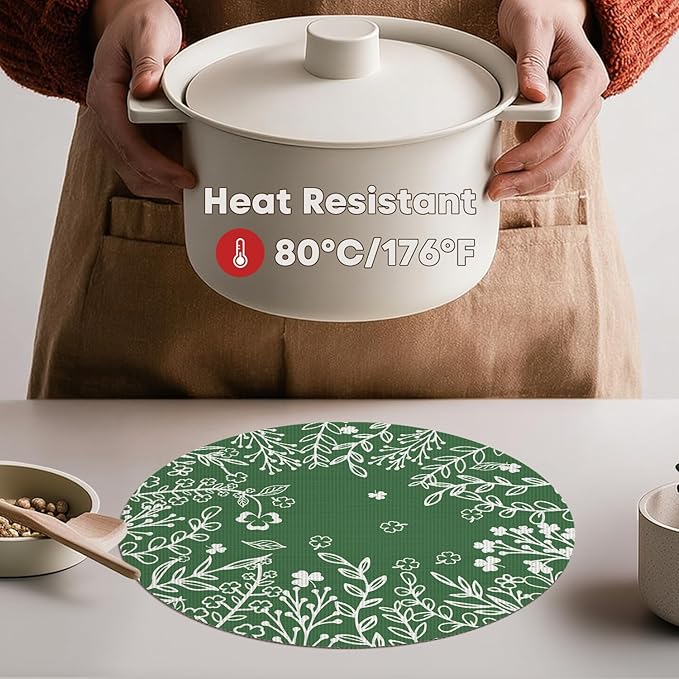 Artoid Mode Green Leaves Vinyl Round Placemats Set of 4, 14 Inch Washable Non-Slip Heat Resistant Woven Plastic Spring Table Mats for Party Kitchen Dining Decor