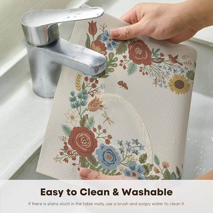 Artoid Mode Beige Florals Butterfly Spring Vinyl Placemats Set of 4, Washable Non-Slip Plastic Table Mats for Vintage Holiday Party Kitchen Dining Decor