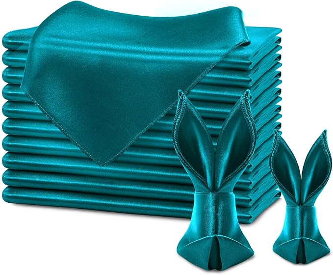 KKJIAF Dark Teal Silky Satin Napkins (12 Pack, 17x17 Inches),Washable Polyester Square Table Napkins for Wedding Dinner Party Decoration