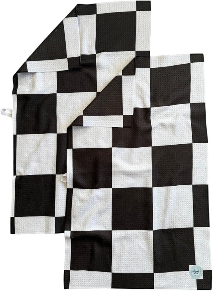 || 2 Pack|| Double Sided Dish Towels || Waffle Weave Microfiber || Highly Absorbent || Hanging Loop || Dish Cloths || Modern || Designer Prints|| Black Checker