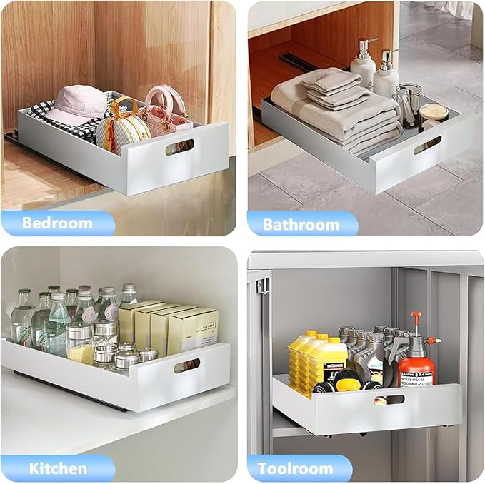2 Pack Pull Out Cabinet Organizer Adhesive, 10" Wide 16.9" Deep Pull out Drawers for Face Frame or Frameless Cabinets, No Drill Heavy Duty Carbon Steel Drawer, Pantry Cabinet Shelf