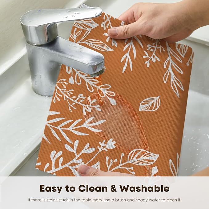 Artoid Mode Orange Weed Wild Flower Vinyl Plastic Placemats Set of 4, 12x18 Inch Woven Washable Non-Slip PVC Place Mats for Party Kitchen Dining Decor