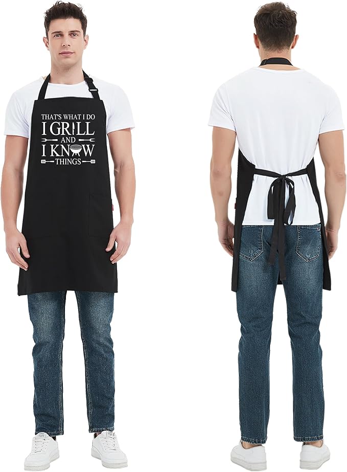 Kaidouma Funny BBQ Grilling Aprons for Men - Men's Kitchen Chef Cooking Aprons with 2 Pockets and 40” Long Ties - That's What I Do I Grill and I Know Things