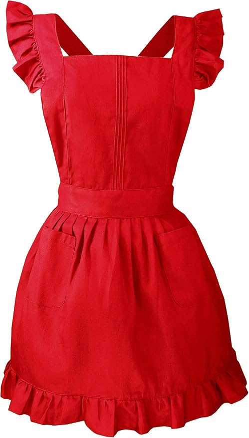 Retro Adjustable Ruffle Apron Kitchen Cooking Baking Cleaning Maid Costume (Red)