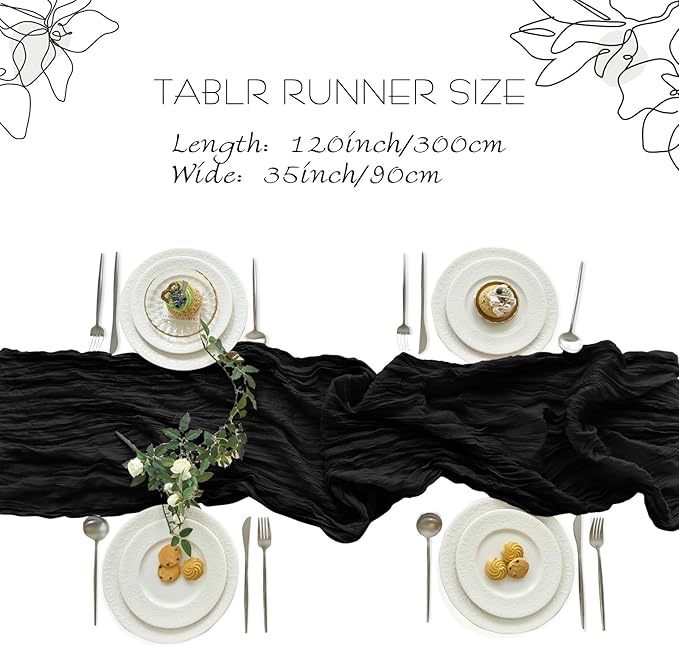 IVAPUPU 10 Pcs Cheesecloth Table Runner - 10ft Black Spring Boho Gauze Black Cheese Cloth Table Runners for Baby Shower Decorations Wedding Party Garden Farmhouse Decor