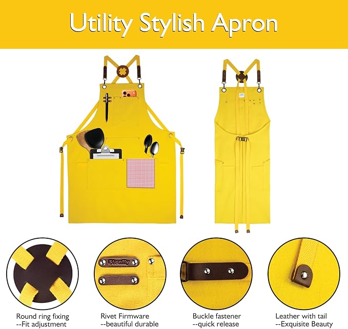 Kitchen Apron, Work Apron, Canvas, Multiple Pockets, Gardening, Painting, BBQ, Artist, Carpenter, Sizes M to XXL, Yellow