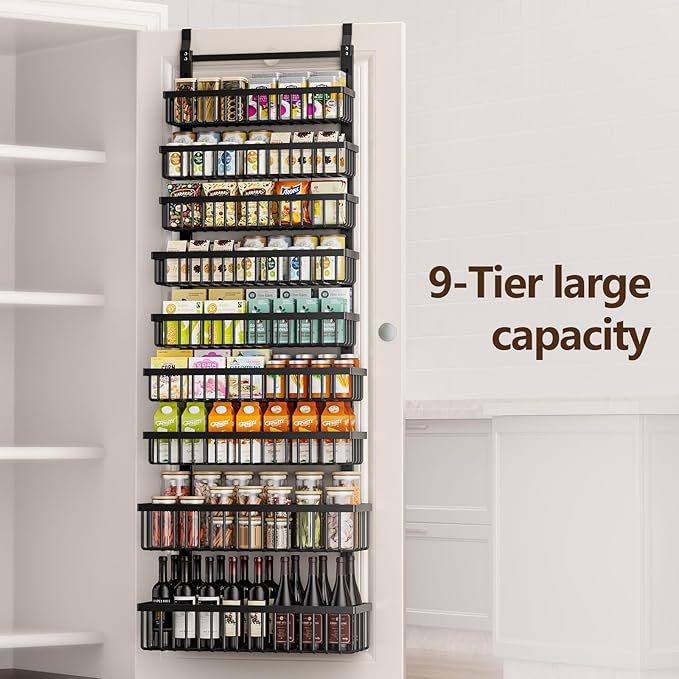 POKIPO 9 Tier Over The Door Pantry Organizer, 2 in 1 Wall Mount or Hanging Spice Rack with Adjustable Basket, Seasoning Organizer and Storage for Kitchen Cabinet Closet Bathroom