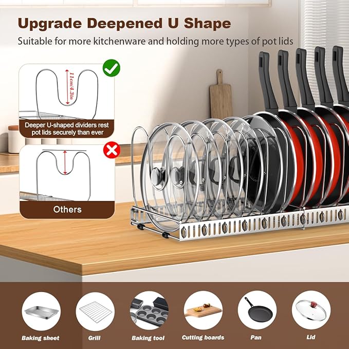 Housolution 2 Pack Pot and Pan Organizer with 14 Adjustable Dividers, 12"-23" Expandable Food Container Lid organizer Compatible with Tupperware, Pan Lid Holder Storage Rack for Cabinet, Silver