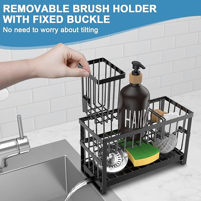 Hvisso 2-Tier Kitchen Sink Caddy with High Brush Holder, Sponge Holder for Sink, Kitchen Storage Organization Sponge Rack, Home Apartment Essential Gadgets Accessories (Black)