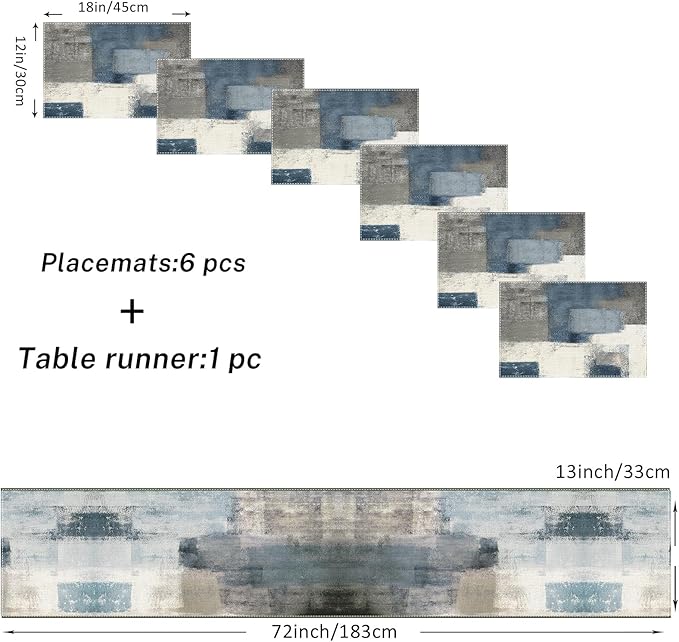 Emvency Farmhouse Table Runner and Placemats Set of 6, Cotton-Linen Abstract Blue and Grey Painting Art Dining Table Decor for Daily Use(1 Table Runner 72 inches Long and 6 Placemats)