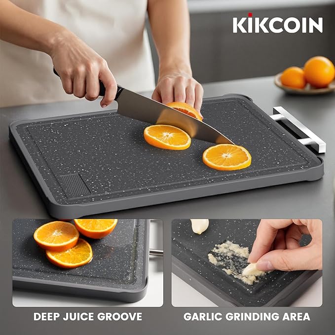 Kikcoin 17"×11" 304 Stainless Steel Cutting Boards for Kitchen, Food Grade BPA-Free Double Sided Cutting Board, Extra Large Non-Toxic Chopping Board for Meat, Vegetables, Cheese & Charcuterie, Black