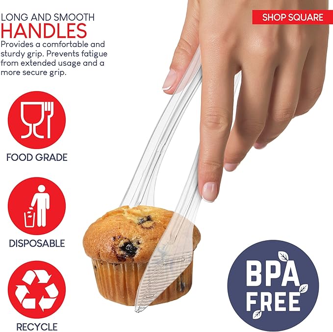 Disposable Plastic Serving Utensils - Set of 18 Clear Buffet Serving Utensils, 6 Each 6" Tongs, 10” Spoons, 10” Forks