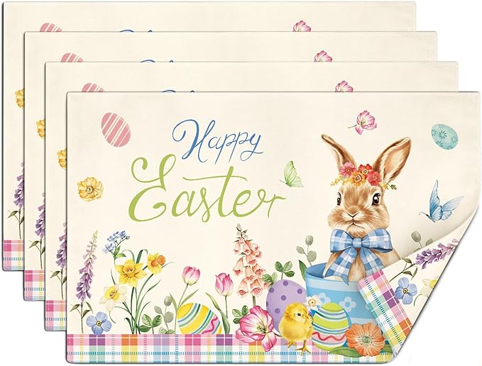 comfoyar Easter Bunny Egg Placemats Set of 4, 12x18 Inch Non-Slip Linen Flower Chick Place Mats, Washable Absorbent Table Mats for Kitchen Dining Party Table Decoration