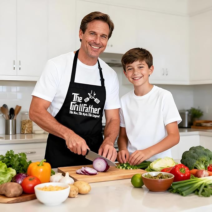 Kaidouma Funny Grill Aprons for Men - The Grillfather - Men’s Funny Chef Cooking Grilling BBQ Apron with 2 Pockets - Birthday Father's Day Christmas Gifts for Dad, Step Dad, Father in Law, Husband