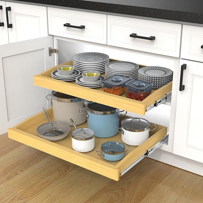 Wooden Pull out Cabinet Organizer 14" W x 21" D x 3.35" H, Heavy Duty Slide Out Drawers Pull-Out Home Organizers for Kitchen Cabinets