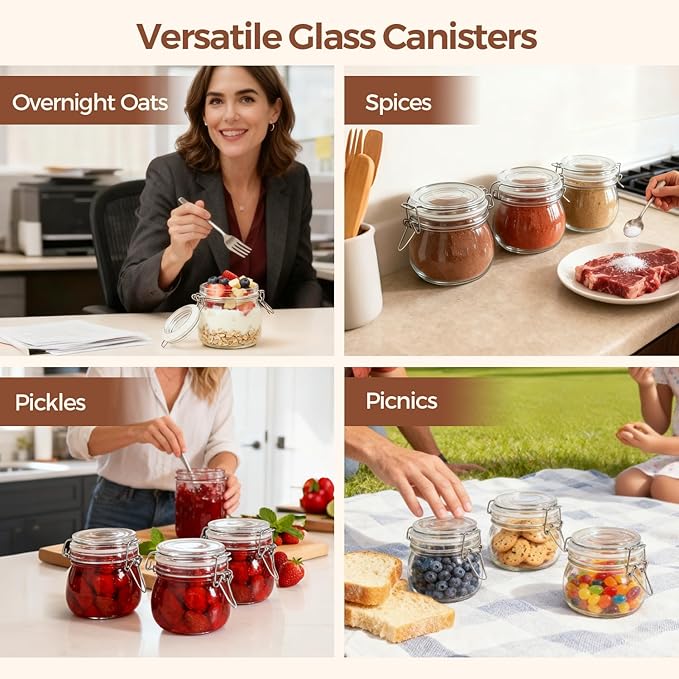 ComSaf 6-Pack 17oz Short Glass Jars for Drawers, Small Airtight Food Canisters for Spices, Nuts & Kids Snacks, Pint Sized Canning Jar Set for Jams, Pickles & Pantry Organization